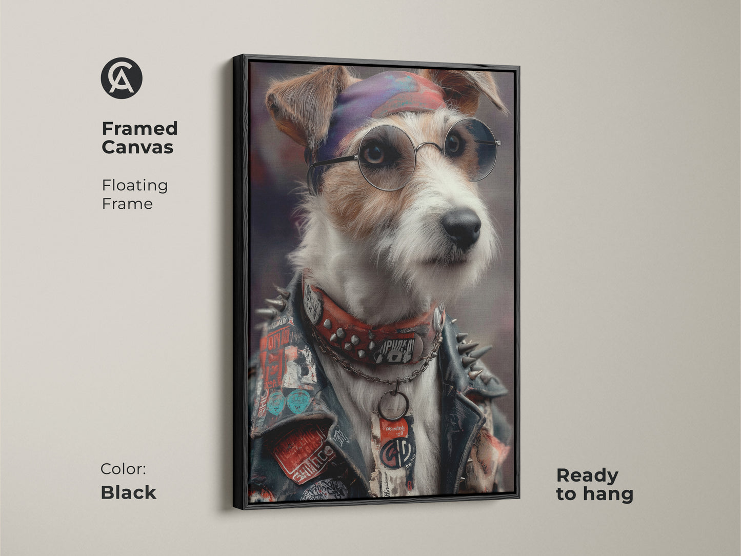 Black framed canvas art. It features a punk rock Jack Russell Terrier. The floating frame enhances the Neo-Victorian aesthetic. This unique dog artwork is perfect for eclectic homes. It will make a bold statement ready to hang in a man cave.