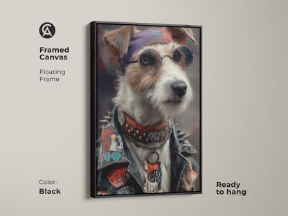 Black framed canvas art. It features a punk rock Jack Russell Terrier. The floating frame enhances the Neo-Victorian aesthetic. This unique dog artwork is perfect for eclectic homes. It will make a bold statement ready to hang in a man cave.