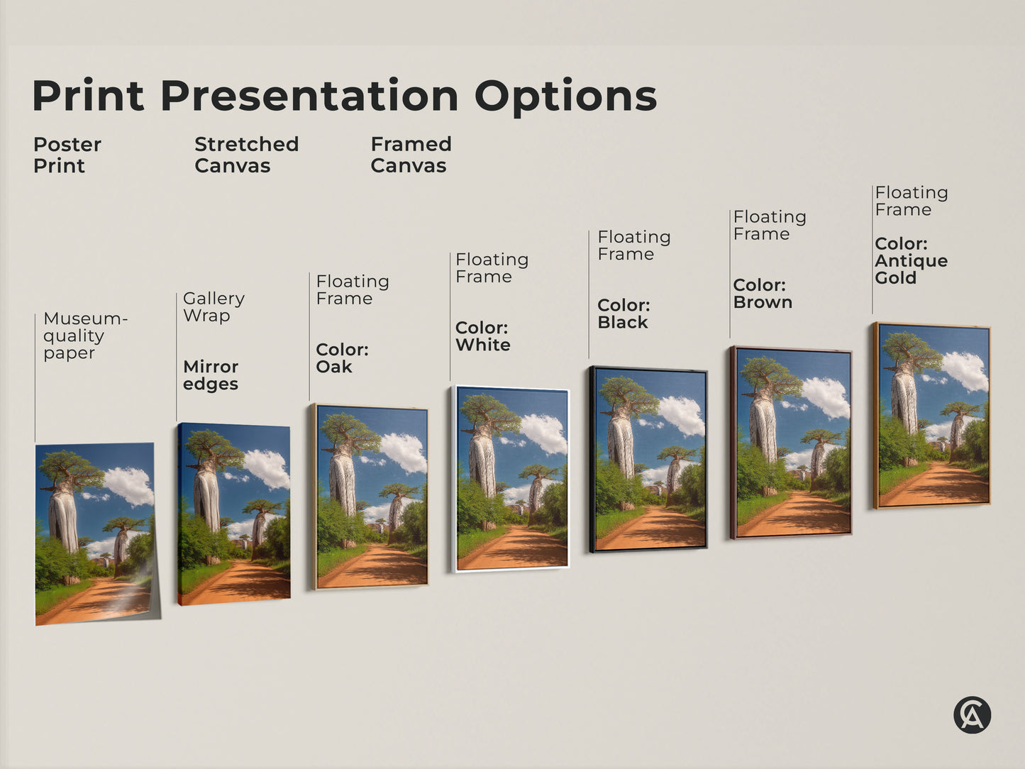 Print presentation options for African Baobab tree artwork. Choose from poster print stretched canvas and framed canvas. Available with various frame colors. Find the perfect piece.