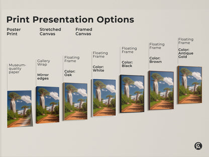 Print presentation options for African Baobab tree artwork. Choose from poster print stretched canvas and framed canvas. Available with various frame colors. Find the perfect piece.