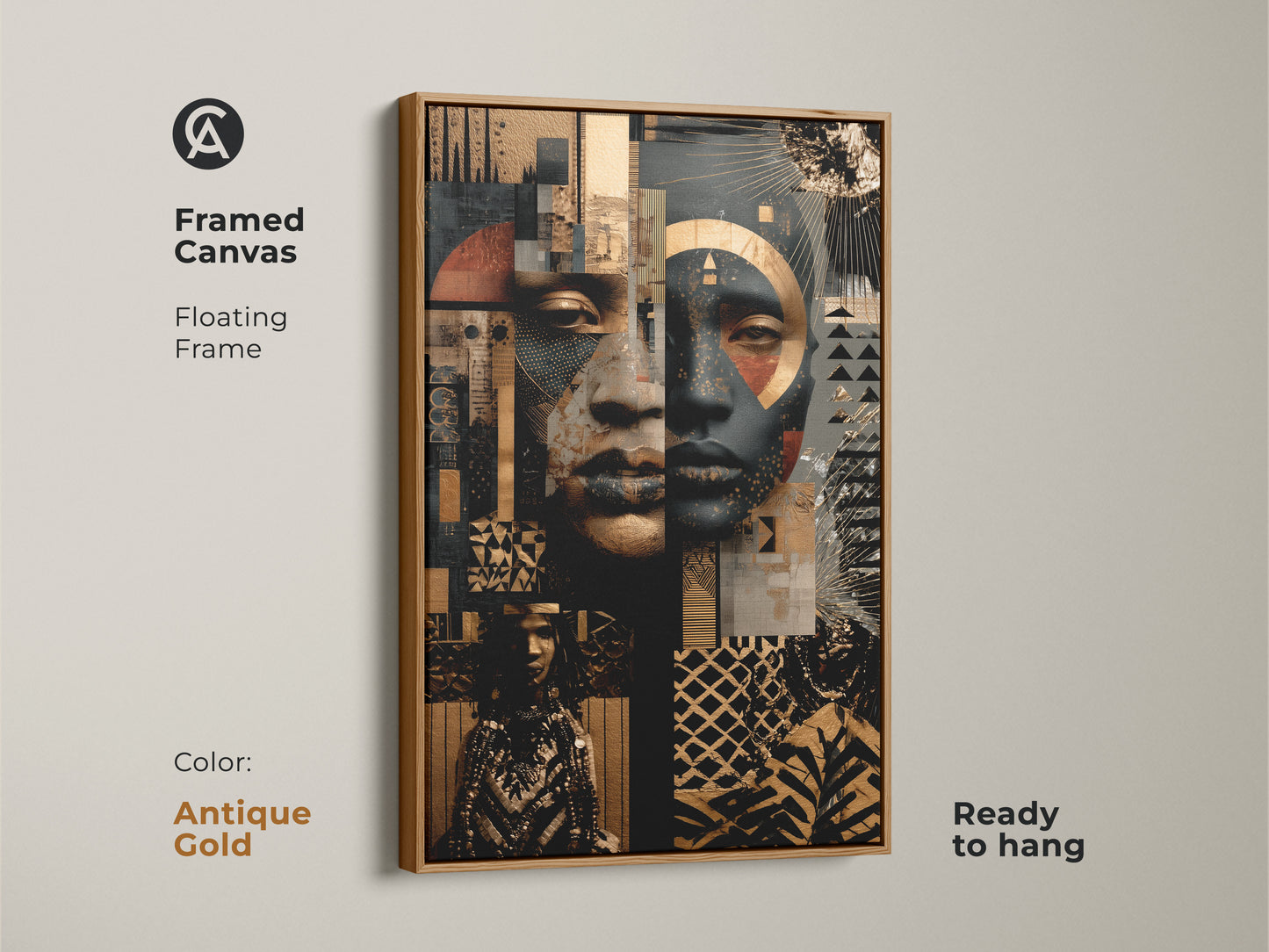 Framed canvas with a floating frame highlights an Afrofuturist face. The abstract portrait wall art is gold and black. Ready to hang mixed media African art. Color is antique gold.