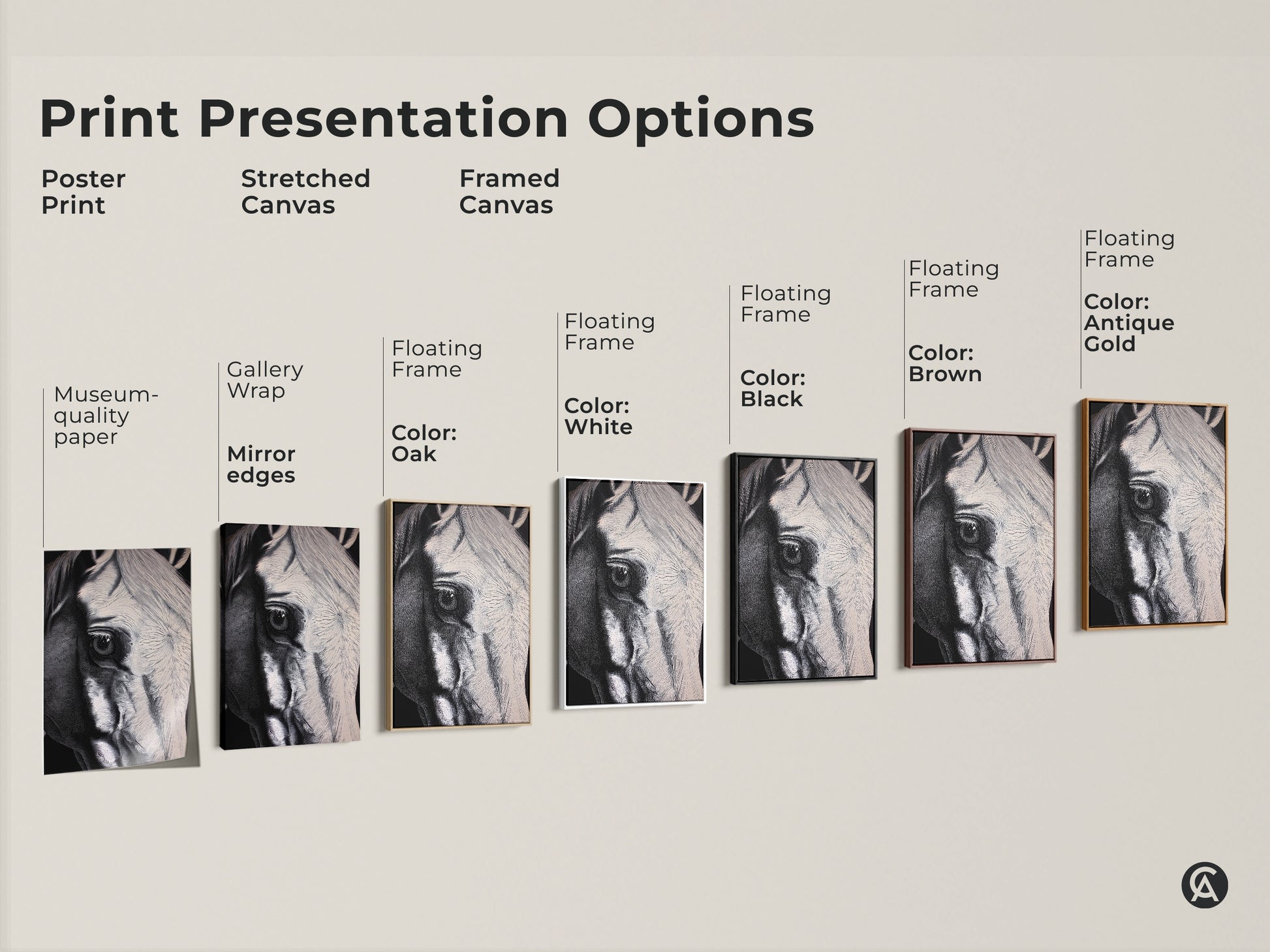 Explore print presentation options for monochrome horse canvas prints. Choose from poster prints or stretched canvas. Options for framed canvas in black brown oak antique gold or white. Find the perfect modern animal wall art.