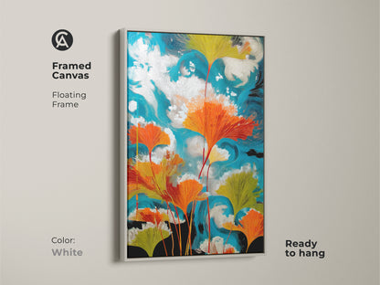 Framed canvas displays abstract ginkgo leaves artwork in a white floating frame. A teal orange botanical canvas creates a swirling sky art print. This modern nature artwork is perfect for eclectic home decor. Ready to hang for plant lovers seeking vibrant wall art.