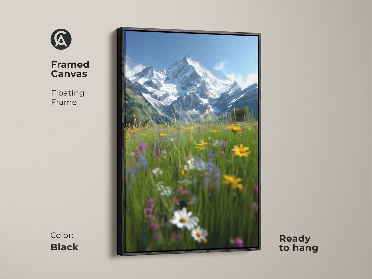 Framed canvas art showcasing an alpine meadow. The black floating frame enhances the impressionistic landscape. Snow-capped mountains rise behind wildflowers. This rustic wall decor is ready to hang. It's a perfect housewarming gift for mountain and nature enthusiasts.