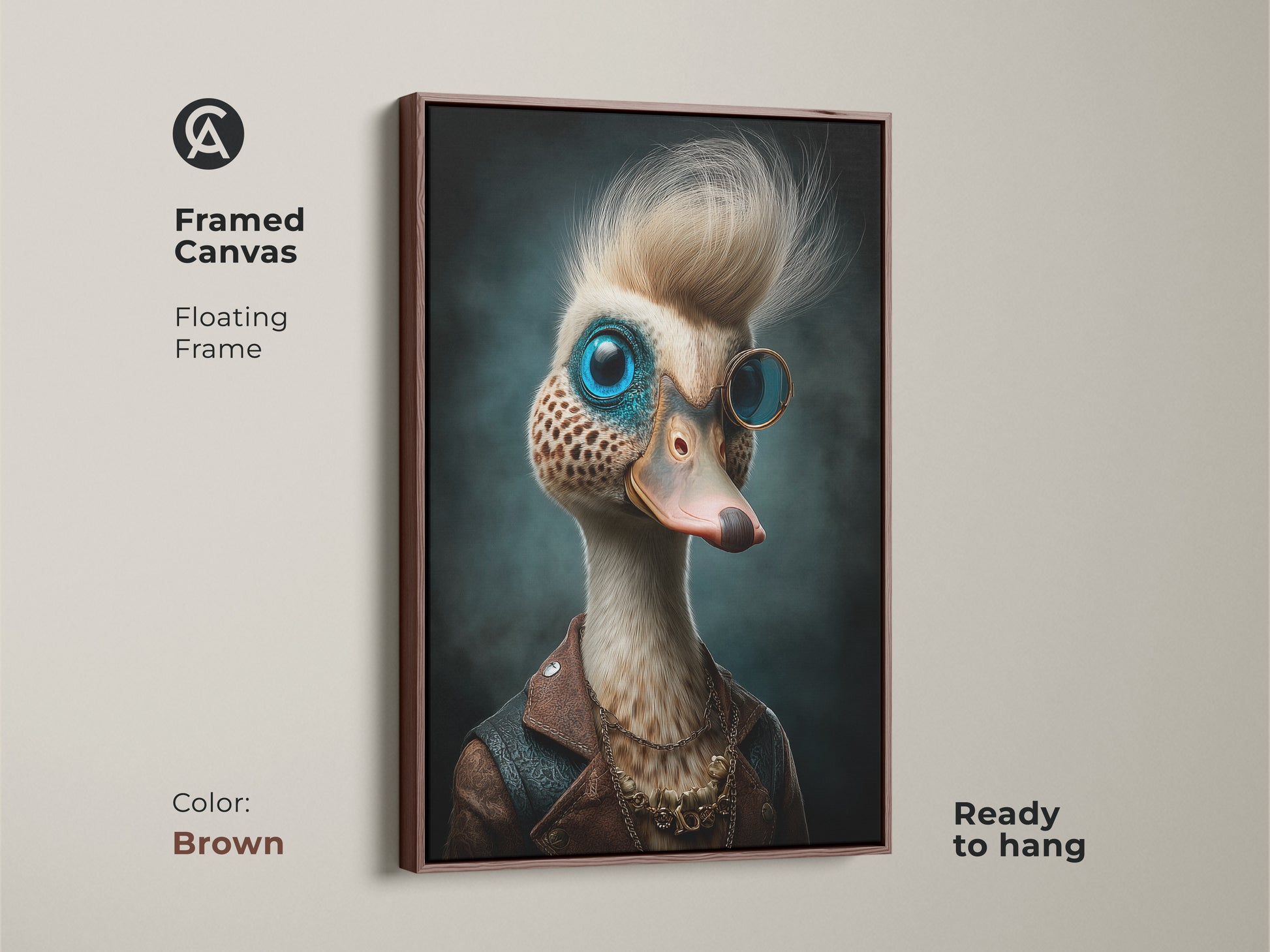 Framed canvas featuring a steampunk duck portrait. A quirky animal art print for office decor. This monocle bird art is eclectic. A unique animal gift with a floating brown frame. This steampunk bird is a great animal lover present. Ready to hang.