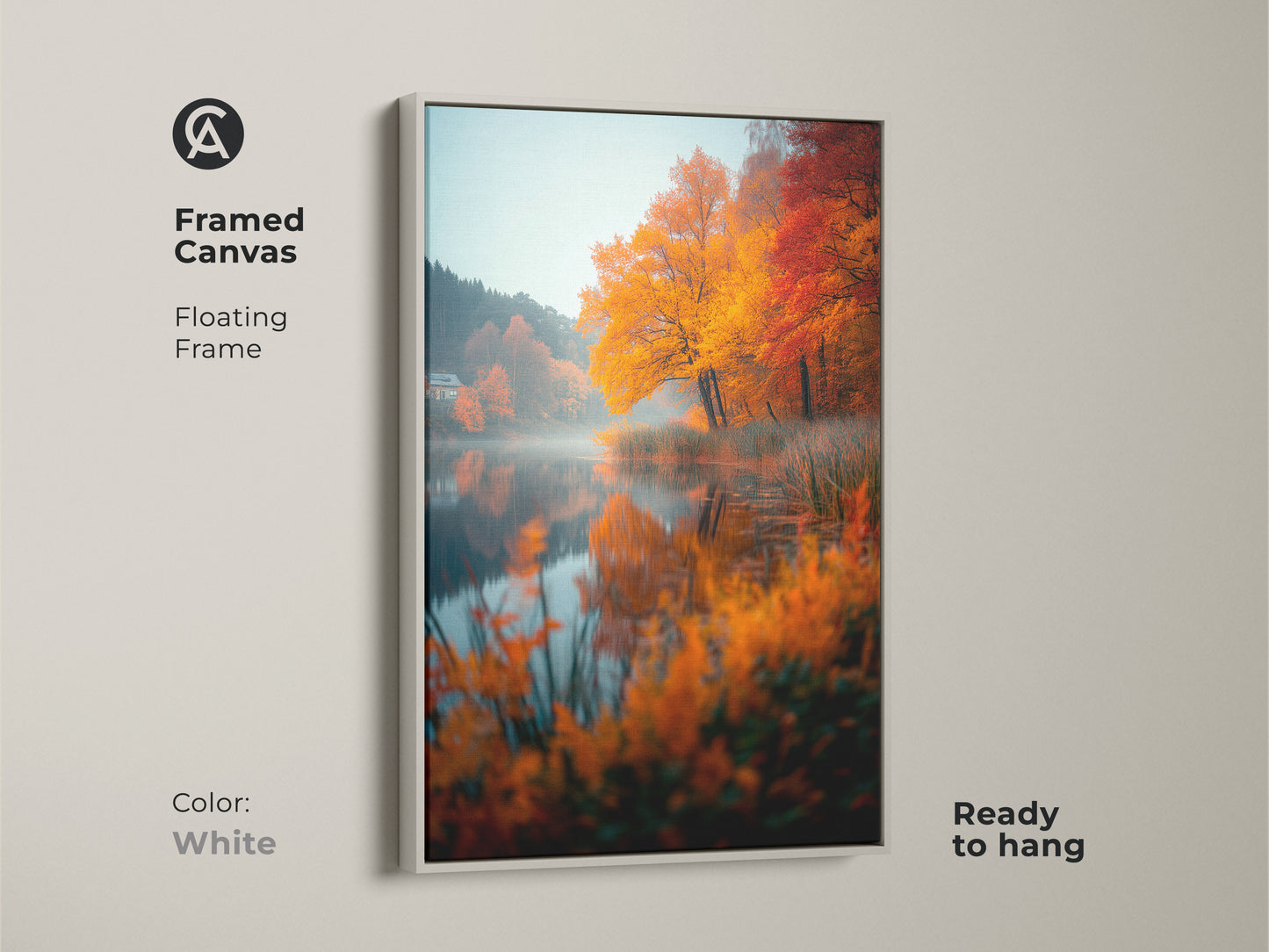 Framed canvas artwork of an autumn lake. The floating frame is white. It is ready to hang. The fall colors are vibrant. This art brightens any space. Perfect for modern home decor. Shop now.