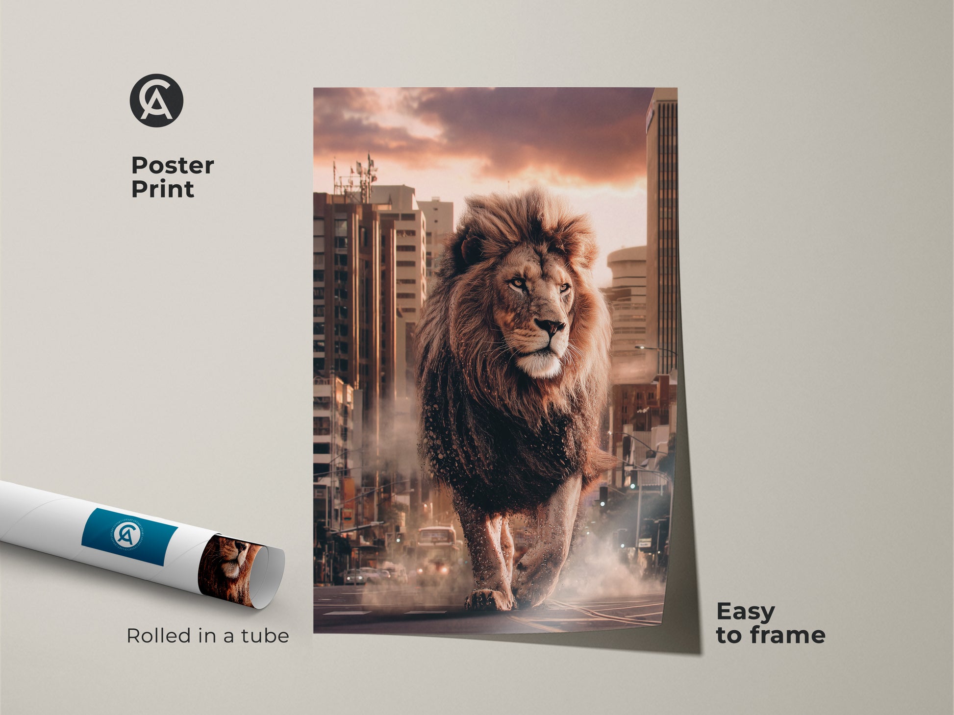 This lion walking cityscape is printed on a poster. The urban wildlife wall art is rolled in a tube for easy framing. It's contemporary animal art. Buy one as a gift for animal lovers.