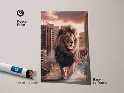 This lion walking cityscape is printed on a poster. The urban wildlife wall art is rolled in a tube for easy framing. It's contemporary animal art. Buy one as a gift for animal lovers.