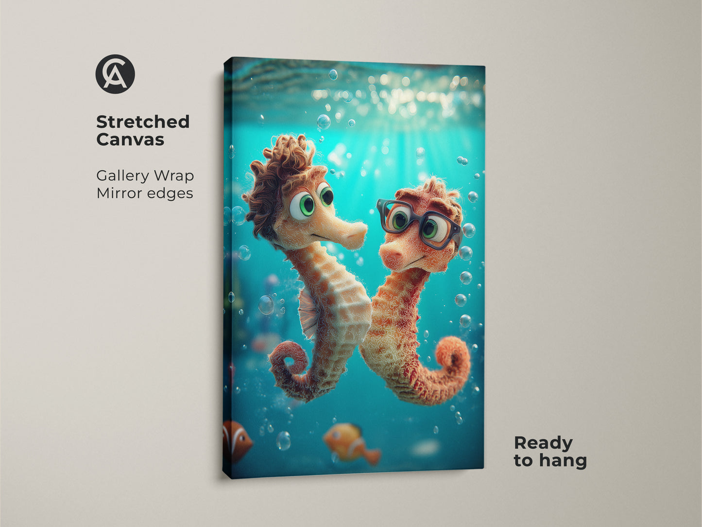 Stretched canvas gallery wrap of seahorse and clownfish. Kids room ocean wall art with mirror edges. Aqua and orange underwater print ready to hang. A delightful cartoon sea life decor for a playful kids room. A unique animal friends print for toddler bedroom.