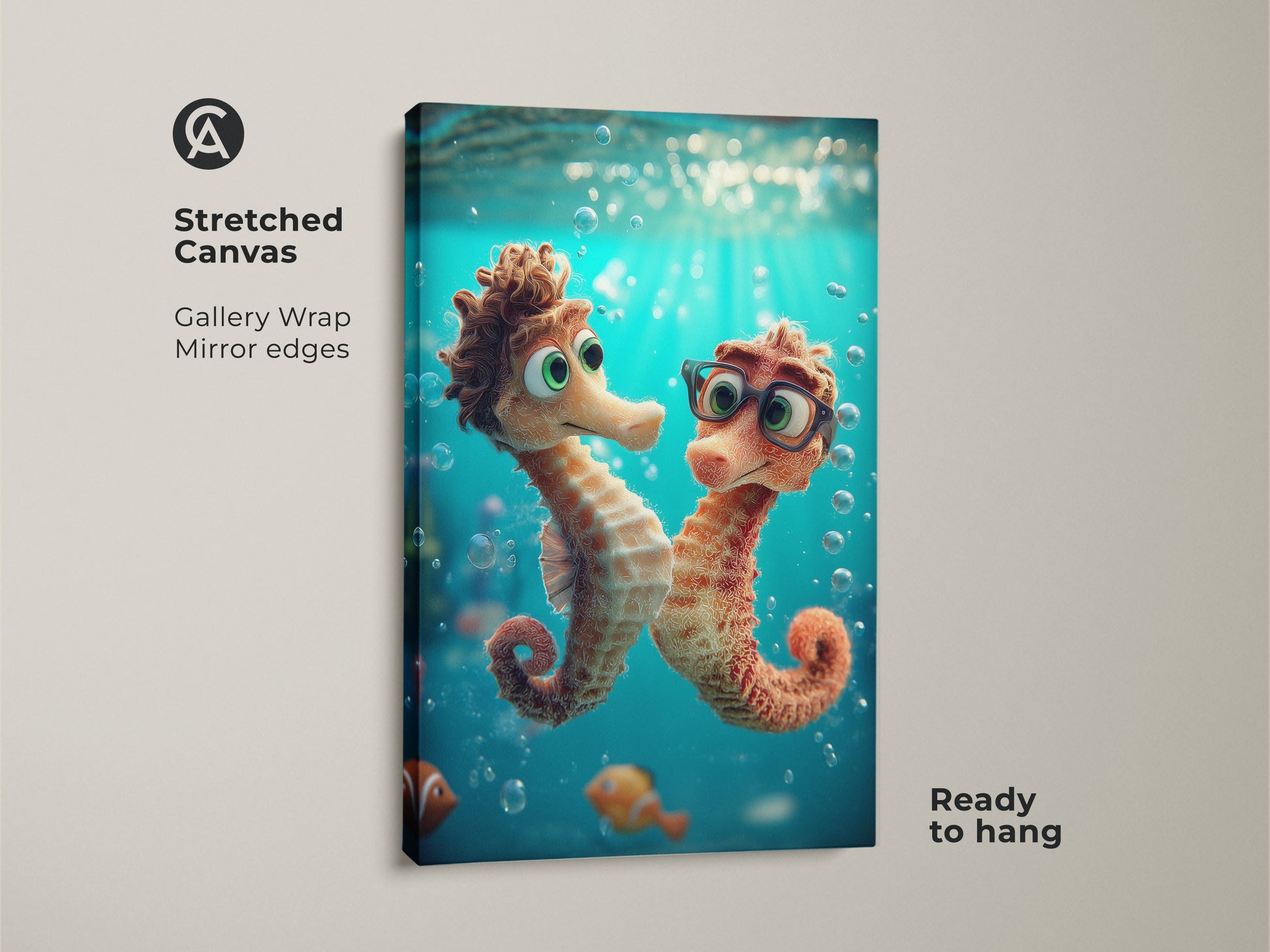 Stretched canvas gallery wrap of seahorse and clownfish. Kids room ocean wall art with mirror edges. Aqua and orange underwater print ready to hang. A delightful cartoon sea life decor for a playful kids room. A unique animal friends print for toddler bedroom.