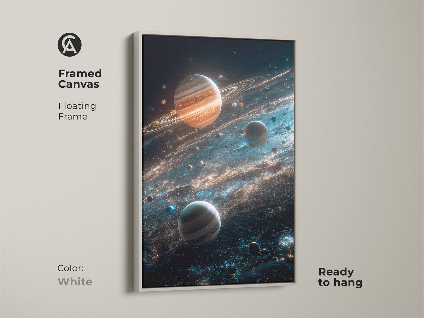 White framed canvas of planets and cosmic dust. The floating frame provides a clean modern look. This ready-to-hang planet art is a versatile piece for any decor. Explore cosmic beauty in your home today.