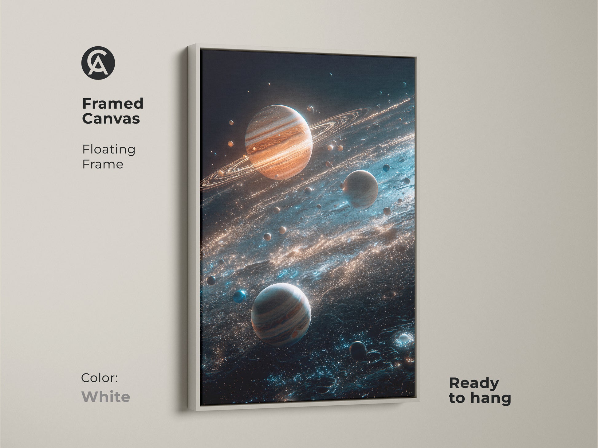 White framed canvas of planets and cosmic dust. The floating frame provides a clean modern look. This ready-to-hang planet art is a versatile piece for any decor. Explore cosmic beauty in your home today.