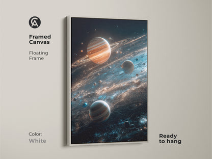 White framed canvas of planets and cosmic dust. The floating frame provides a clean modern look. This ready-to-hang planet art is a versatile piece for any decor. Explore cosmic beauty in your home today.