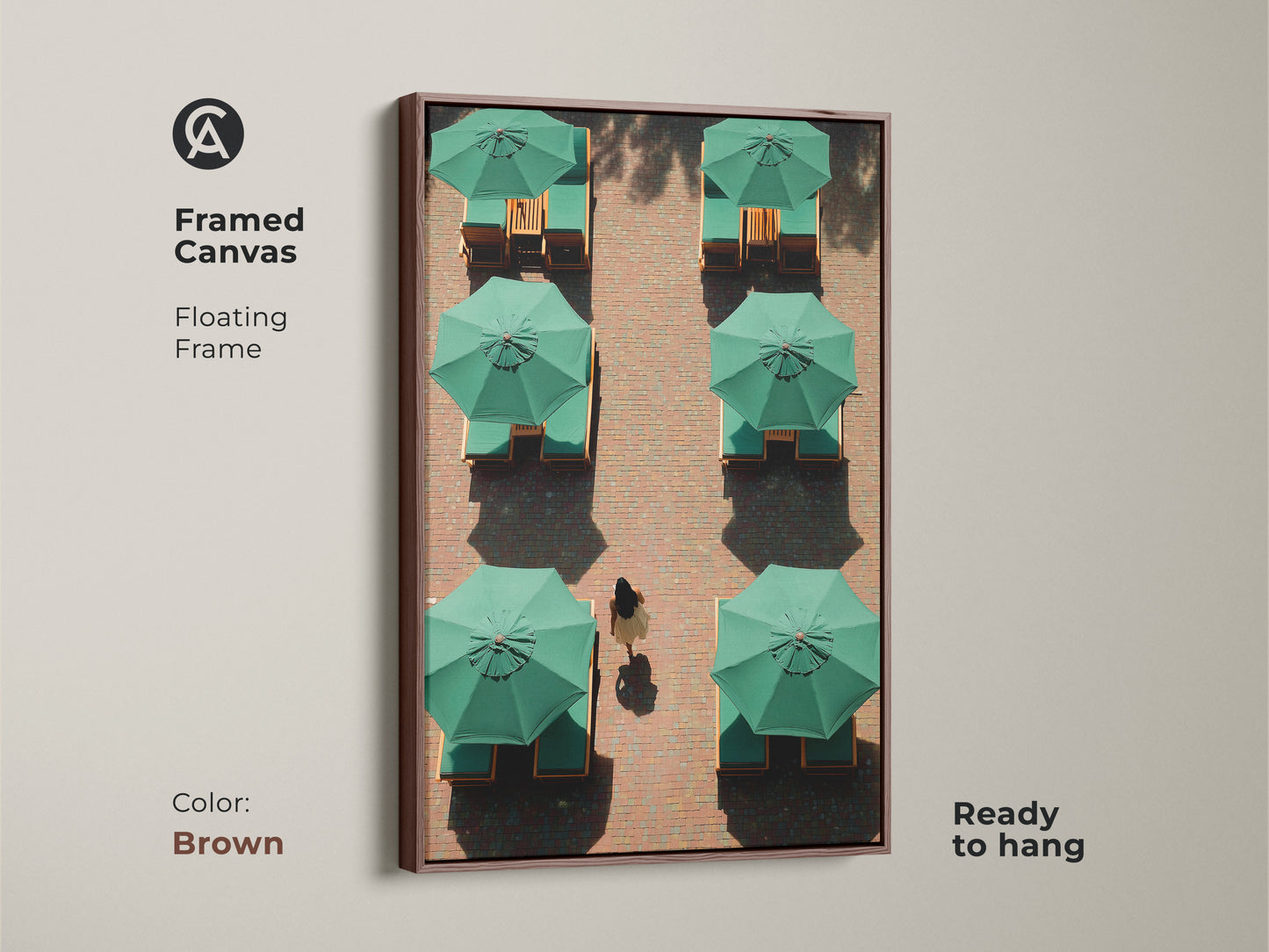 This framed canvas features minimalist green umbrella artwork. With a floating brown frame this contemporary travel art is ready to hang. Perfect for modern living room print this is a thoughtful housewarming gift.