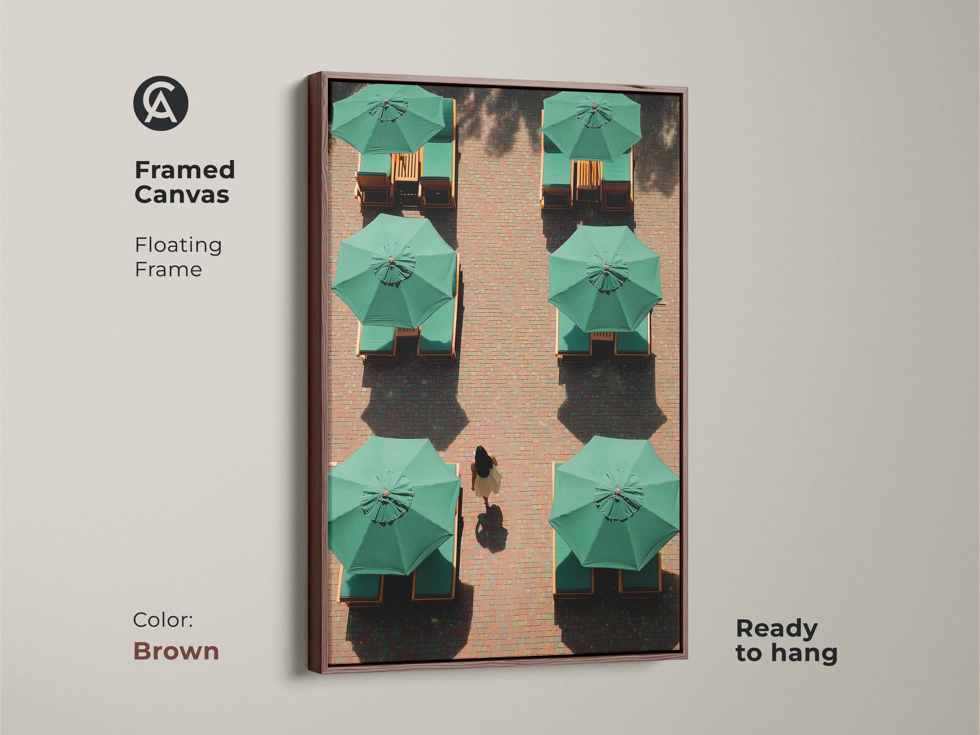This framed canvas features minimalist green umbrella artwork. With a floating brown frame this contemporary travel art is ready to hang. Perfect for modern living room print this is a thoughtful housewarming gift.