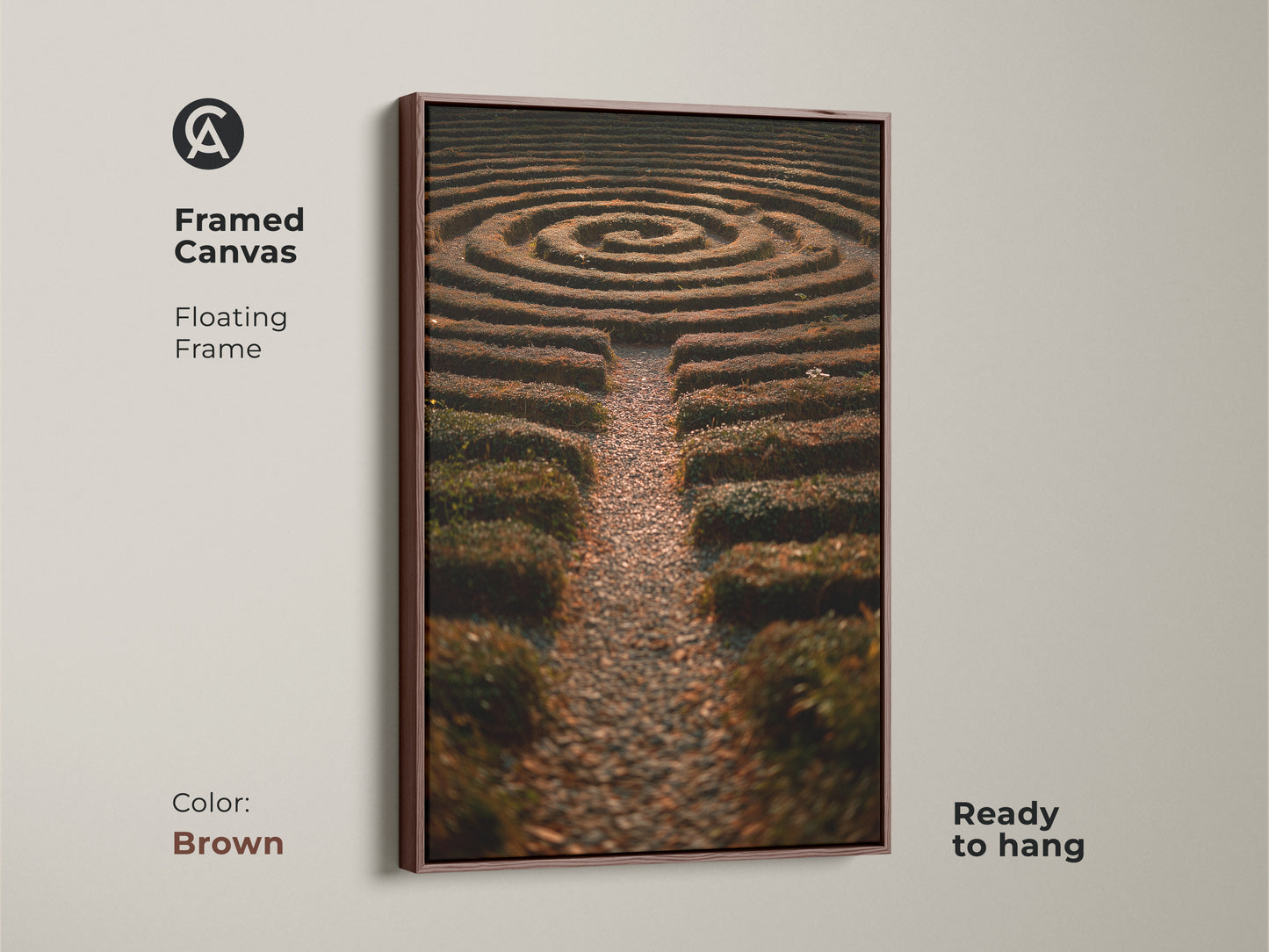 This nature photography art print shows a hedge maze. The artwork is in green yellow and brown tones. It is ideal as boho home decor or a housewarming gift. This framed canvas brings the serene beauty of a garden labyrinth into your home. It offers a unique focal point for any room.