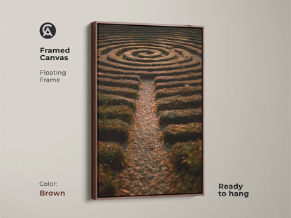 This nature photography art print shows a hedge maze. The artwork is in green yellow and brown tones. It is ideal as boho home decor or a housewarming gift. This framed canvas brings the serene beauty of a garden labyrinth into your home. It offers a unique focal point for any room.