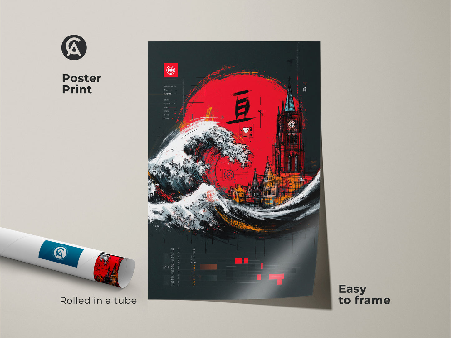 Poster print showing Crimson Red Ukiyo-e Wave & Gothic Tower artwork. Easy to frame and rolled in a tube for protection. It is a Japanese cityscape wall art piece. An eclectic travel gift with a bold crimson red sun. The dark grey backdrop enhances the artwork.