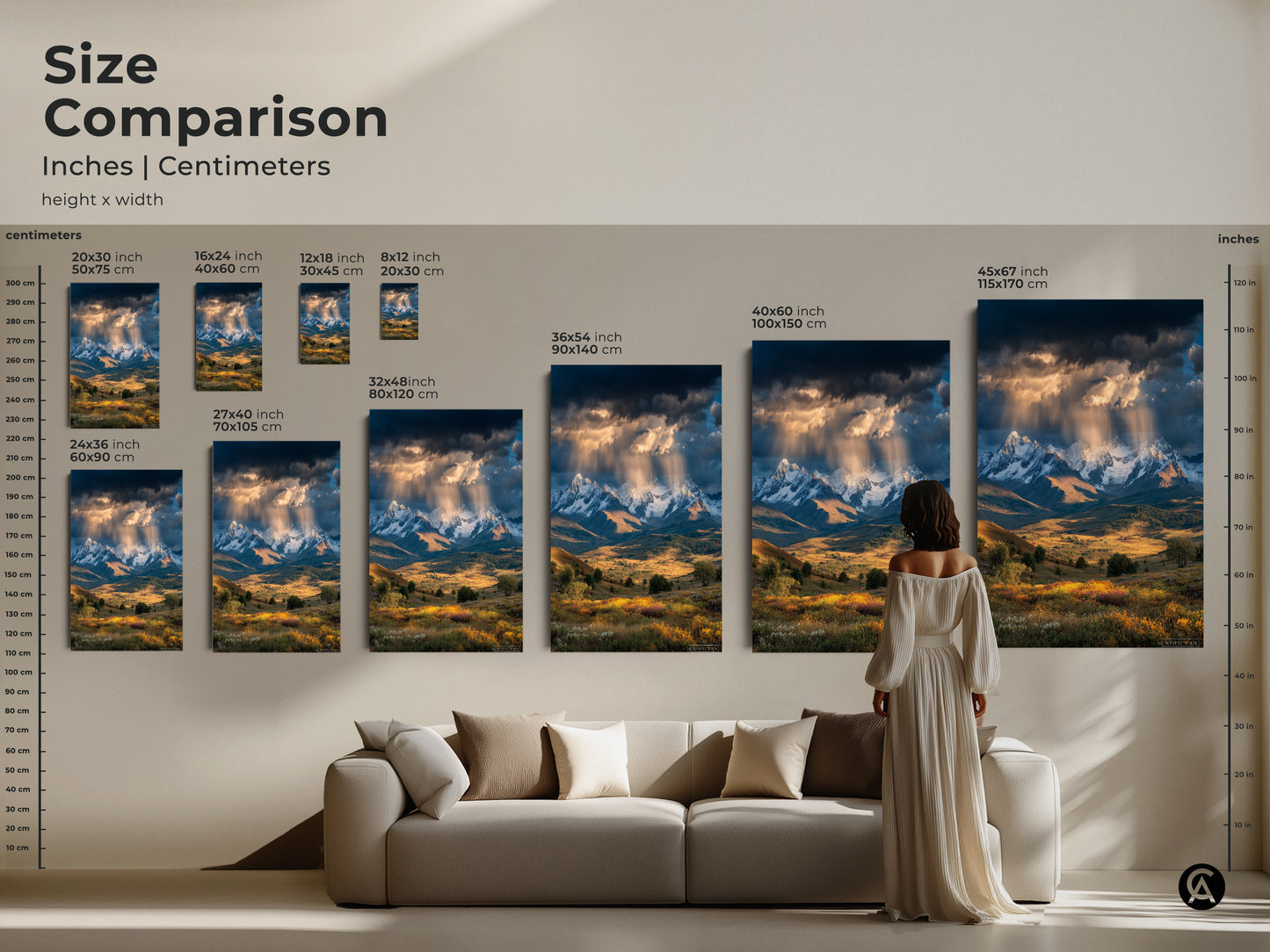 A size comparison of mountain landscape artwork in inches and centimeters. Canvas and poster prints are shown in various sizes. Find the perfect fit for your space. Elevate your decor with this scenic mountain view print.