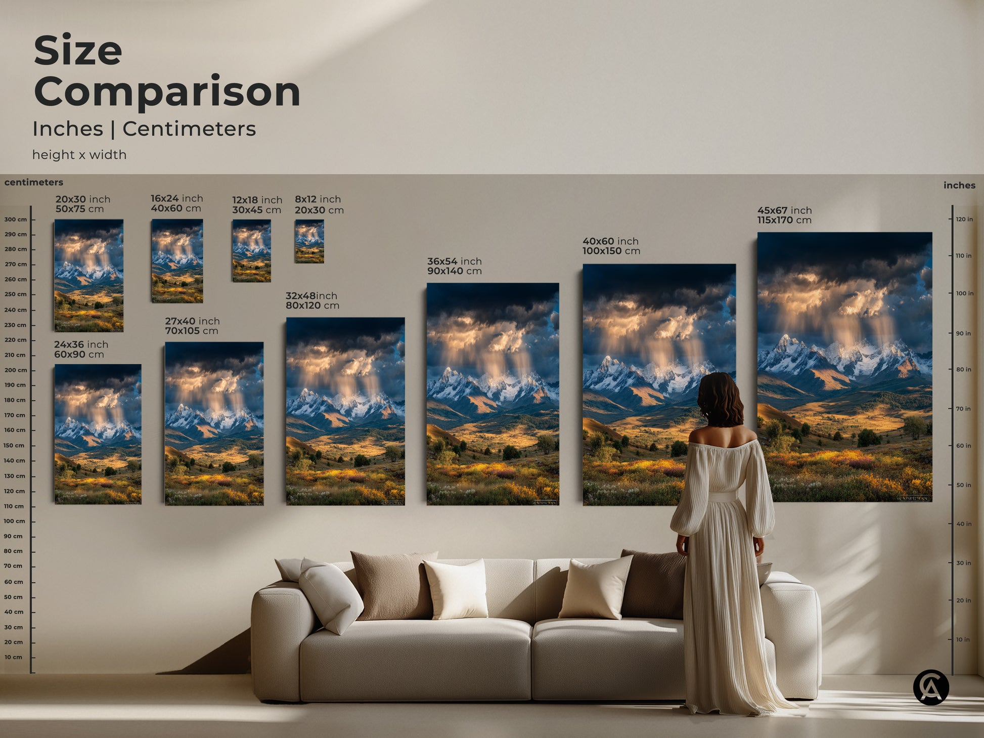 A size comparison of mountain landscape artwork in inches and centimeters. Canvas and poster prints are shown in various sizes. Find the perfect fit for your space. Elevate your decor with this scenic mountain view print.