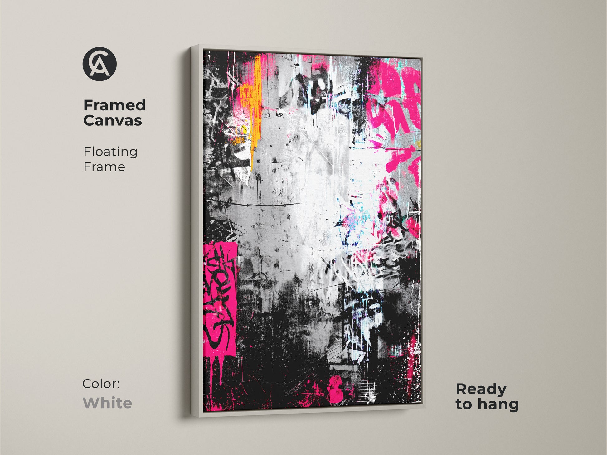 Framed canvas of graffiti artwork with a white floating frame. The painting showcases bright pink and orange colors on a black and silver backdrop. This ready-to-hang canvas offers a modern look.