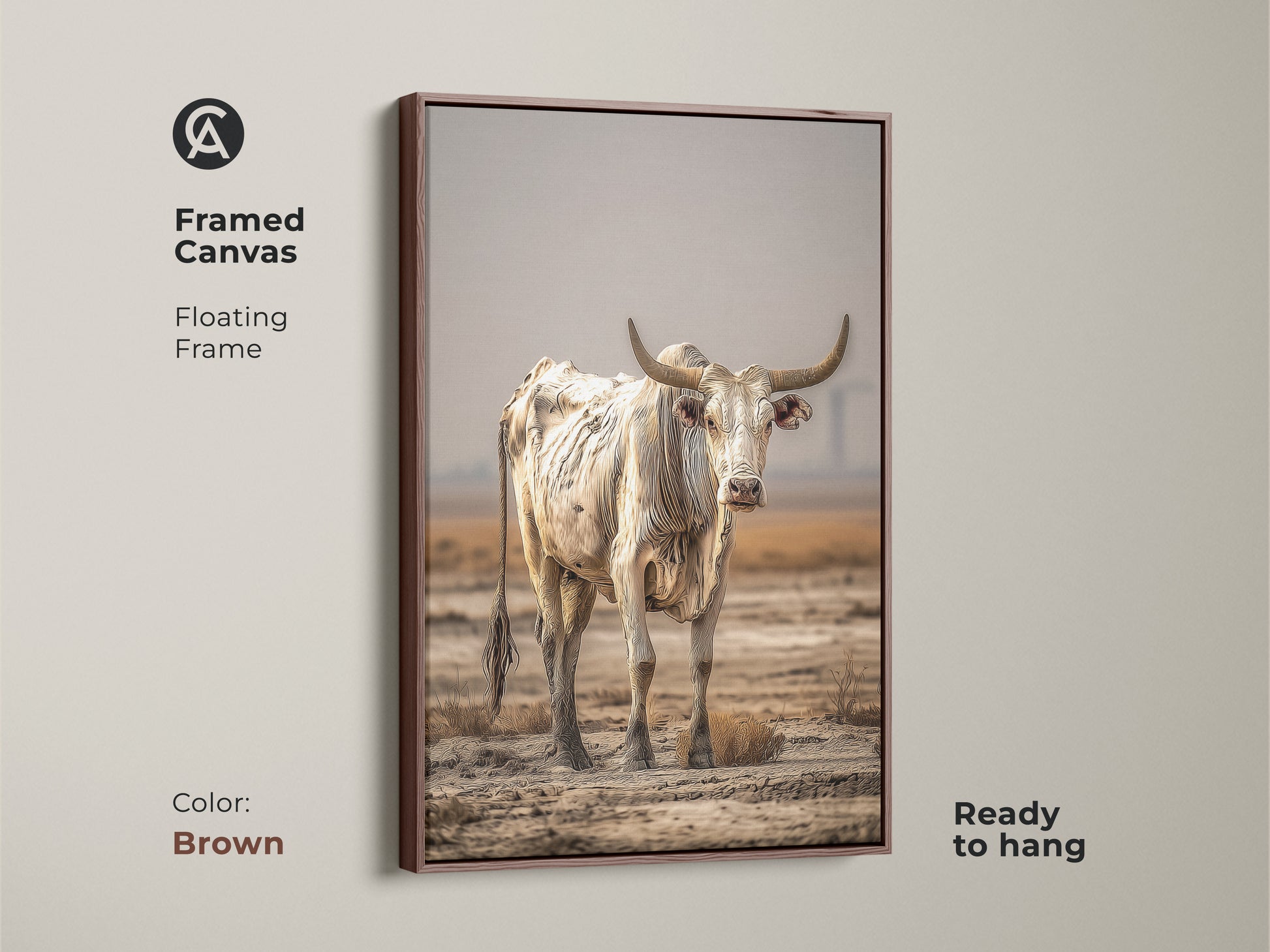 This framed canvas features a floating brown frame. The cream and brown bull art is ready to hang. A bull portrait wall art enhances any space. This rustic cow wall decor is great farmhouse decor. The beige farm animal art is a great housewarming gift.