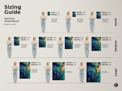 Sizing guide for vertical orientation artwork. This art comes in canvas and poster options. The guide shows small medium and large sizes. See the abstract woman face print in dimensions ranging from 8x12 to 45x67 inches for any room.
