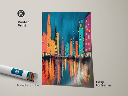 A poster print of an abstract urban cityscape. Easy to frame and rolled in a tube. Features a modern teal blue color palette with vibrant orange and pink accents. Ideal as contemporary art for hallways or offices.