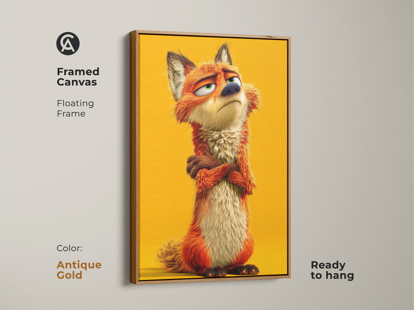 Framed canvas featuring whimsical fox artwork. The floating frame is antique gold and ready to hang. This cute animal character print is ideal for kids room decor. The eclectic art has an orange yellow palette.