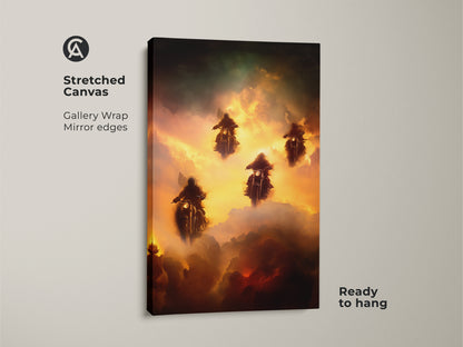 Elevate your decor with this fantasy riders canvas print. The artwork shows motorcycle riders amidst clouds in gold green and orange tones. This gallery-wrapped canvas is ready to hang adding adventure to any room. Ideal for biker man caves and those who love unique fantasy art.