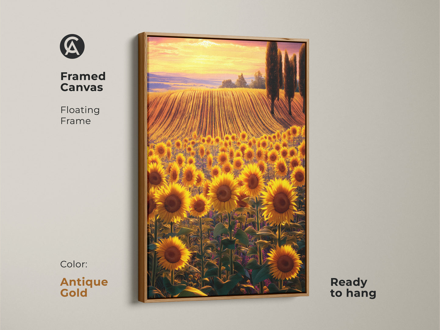 Framed canvas of a sunflower field art bathed in golden sunset. A floating antique gold frame adds a touch of elegance. Ideal as farmhouse kitchen decor. This piece captures the beauty of a summer botanical landscape.