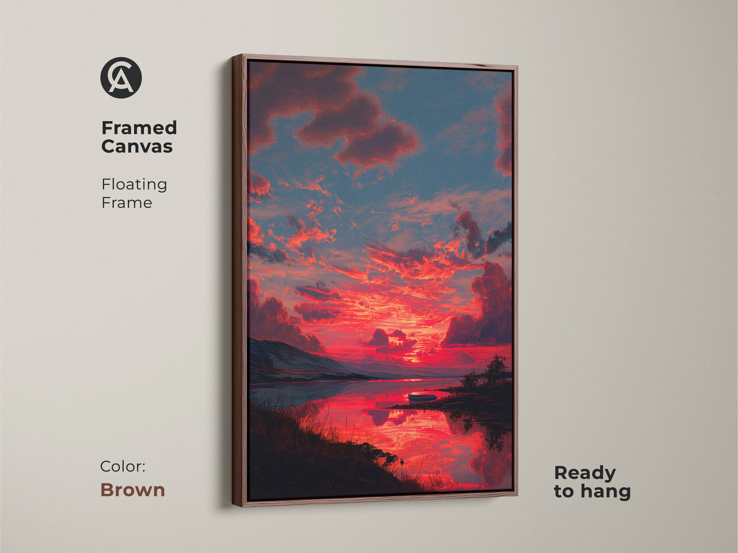 Framed canvas featuring expressive skyscape artwork of a dramatic crimson sunset. The brown floating frame enhances this contemporary landscape painting. This nature lover gift art is ready to hang. Perfect for adding a touch of warmth to living rooms or bedrooms. This art complements dark blue rooms.
