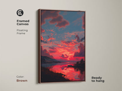 Framed canvas featuring expressive skyscape artwork of a dramatic crimson sunset. The brown floating frame enhances this contemporary landscape painting. This nature lover gift art is ready to hang. Perfect for adding a touch of warmth to living rooms or bedrooms. This art complements dark blue rooms.