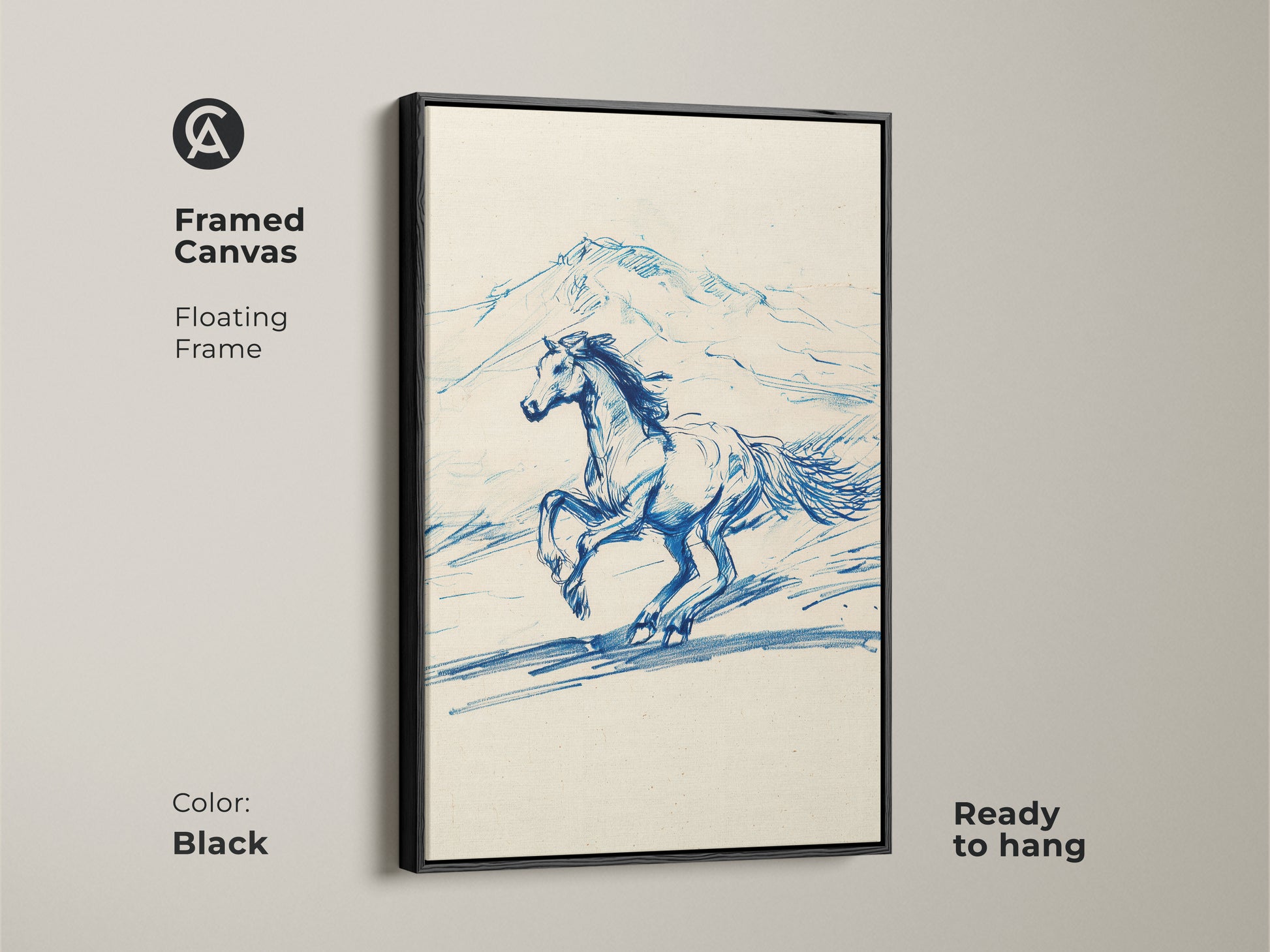 Framed canvas in black showcasing blue line art of a running horse. The equestrian sketch print is set within a floating frame enhancing its rustic landscape art appeal. Ready to hang this animal wall decor makes a stylish statement in any room.
