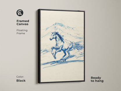 Framed canvas in black showcasing blue line art of a running horse. The equestrian sketch print is set within a floating frame enhancing its rustic landscape art appeal. Ready to hang this animal wall decor makes a stylish statement in any room.