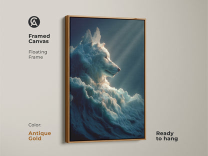A framed canvas of surreal ice wolf art. The floating frame is antique gold. This fantasy animal print is ready to hang. This artwork is a gift for wolf lovers. It brings a unique artistic touch to any room.