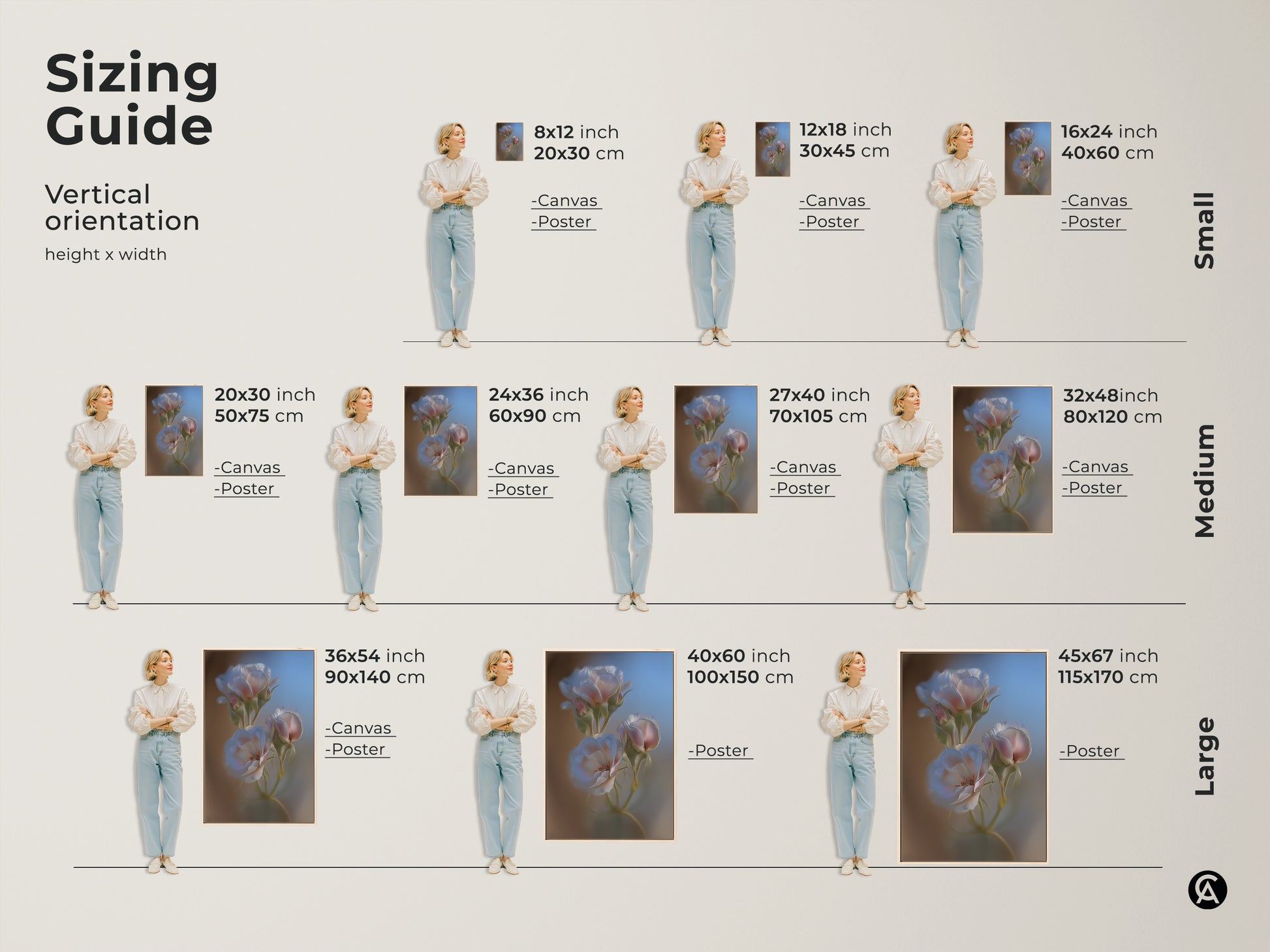 A sizing guide for vertical botanical rose artwork. Available as canvas or poster in small medium and large sizes. Visualize the artwork in various dimensions to find the perfect fit for your space. Sizes range from 8x12 to 45x67 inches.