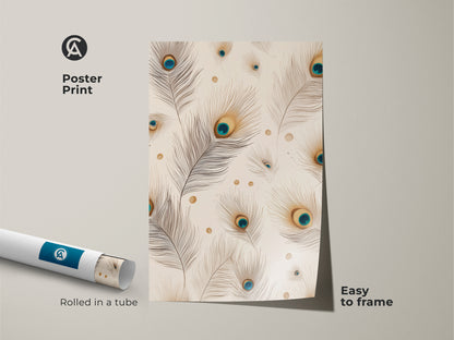 This poster print features a beige teal and gold peacock feather art piece. It is rolled in a tube for easy framing. A minimalist animal artwork. Elegant bird decor for any room.