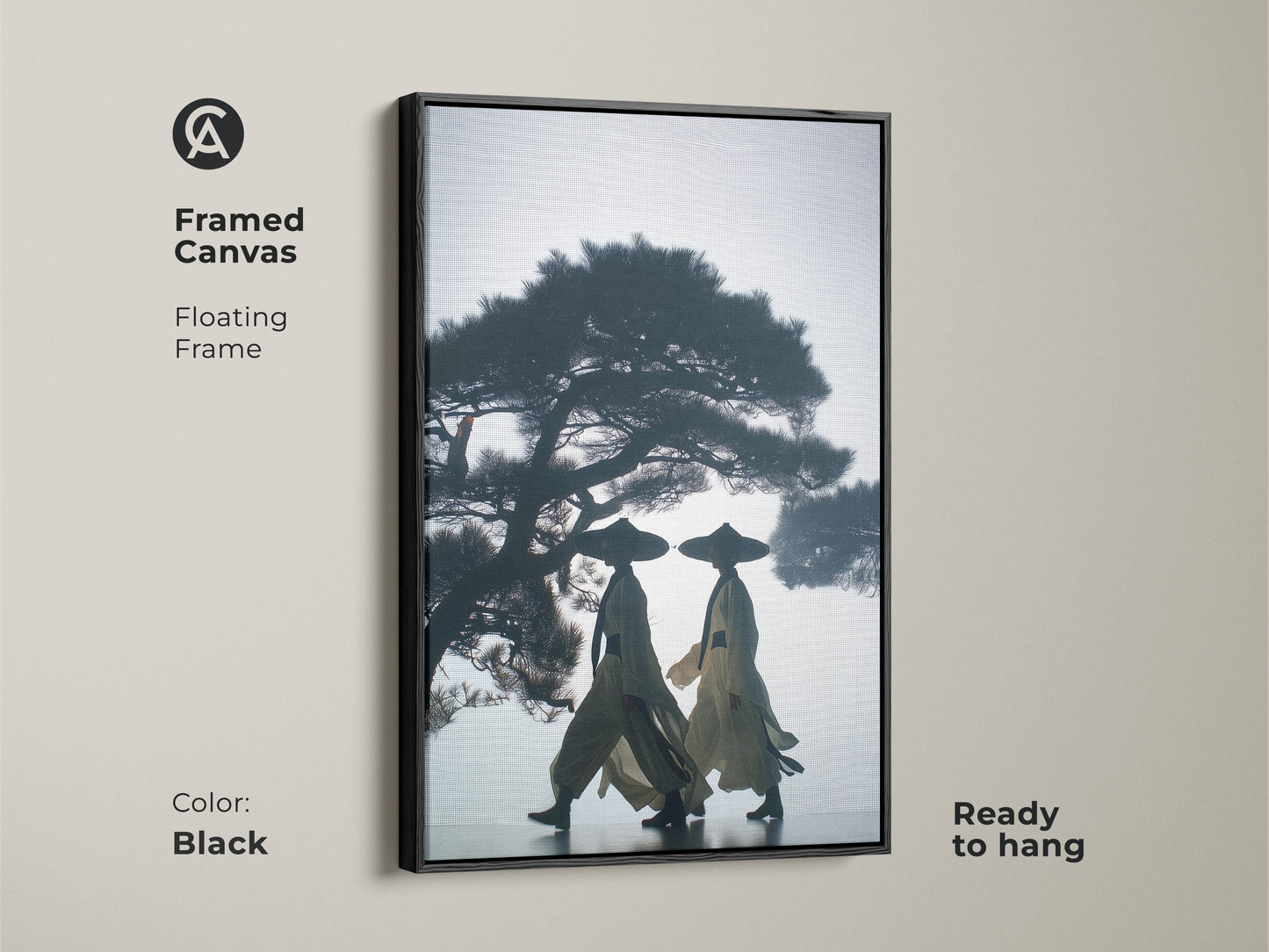 Framed canvas showcasing silhouetted figures in traditional attire. The dark blue beige canvas art includes a floating frame. This Japandi art piece is ready to hang in a black frame. A cultural art print perfect as a housewarming gift for her.