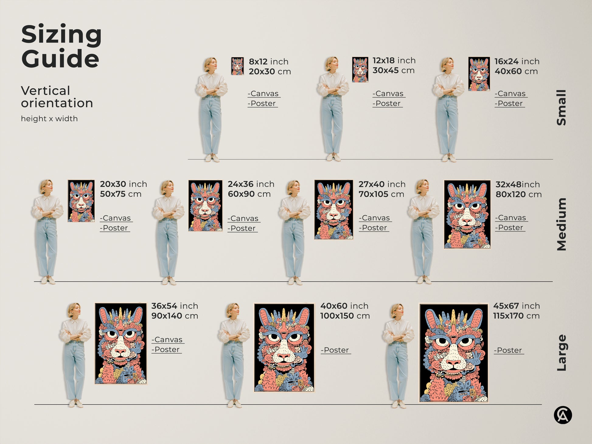 Sizing guide for whimsical cat monster art prints.  Available in vertical orientations and various sizes.  Find the perfect fit for your space.  Choose from canvas or poster options to enhance your eclectic home decor. Perfect abstract monster wall art.