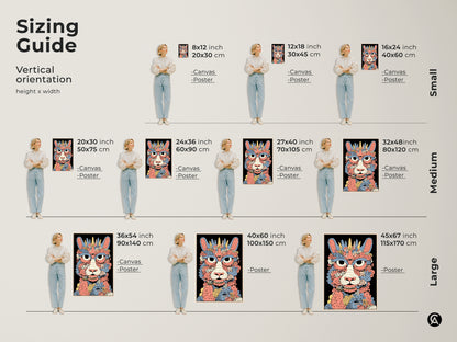 Sizing guide for whimsical cat monster art prints.  Available in vertical orientations and various sizes.  Find the perfect fit for your space.  Choose from canvas or poster options to enhance your eclectic home decor. Perfect abstract monster wall art.