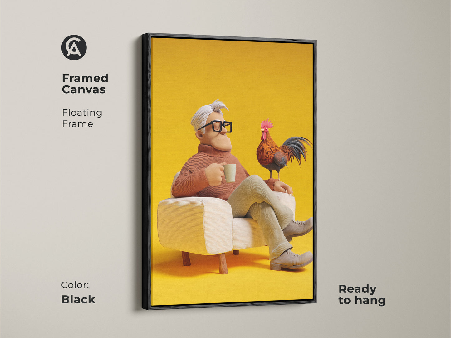 Framed canvas art featuring a man with a rooster. This floating frame is finished in black. This 3D render animal art is ready to hang. Perfect as farmhouse kitchen art. This quirky character art adds charm to any wall. A unique gift idea for him. Elevate your study room decor with this artwork.