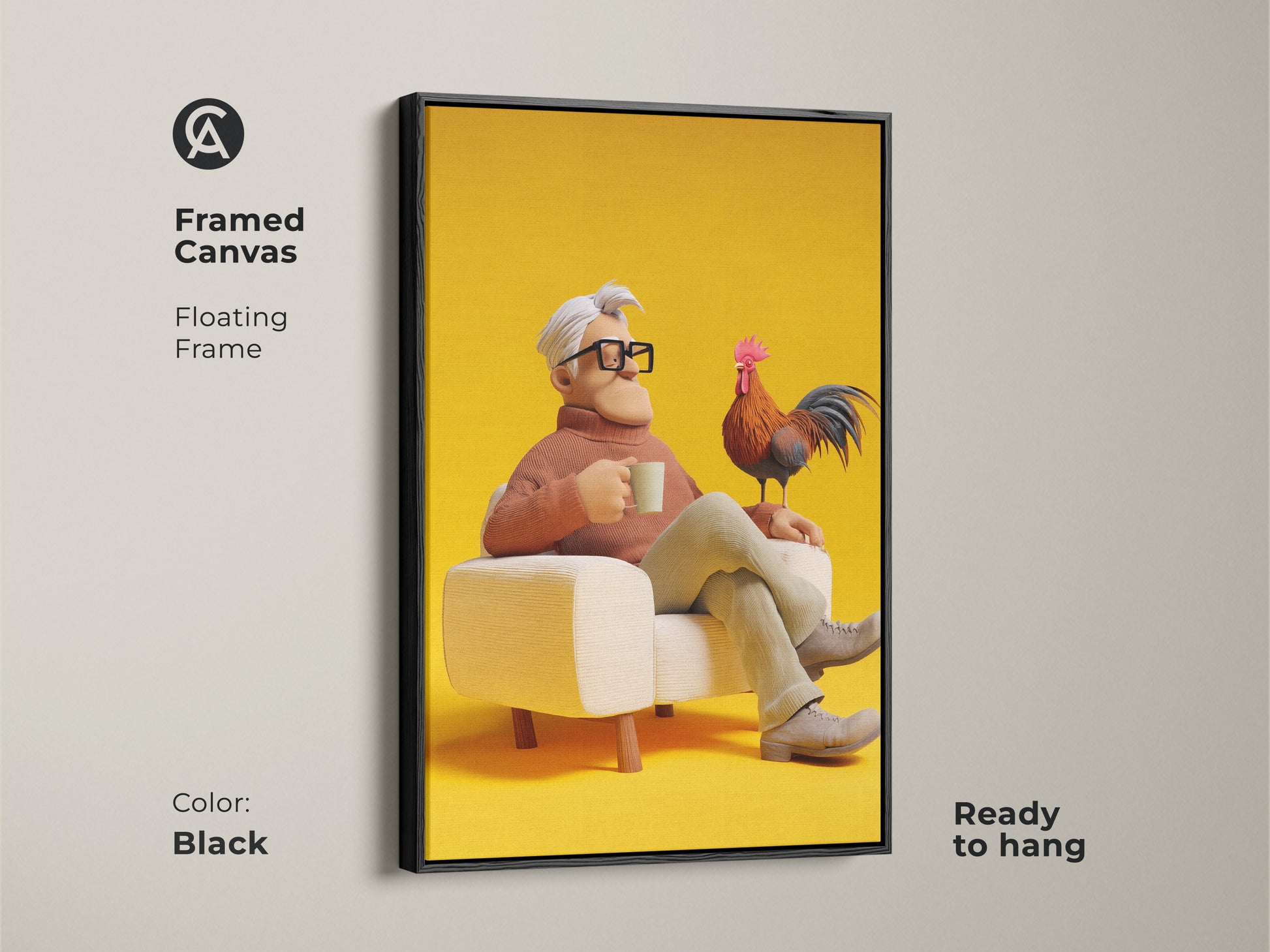 Framed canvas art featuring a man with a rooster. This floating frame is finished in black. This 3D render animal art is ready to hang. Perfect as farmhouse kitchen art. This quirky character art adds charm to any wall. A unique gift idea for him. Elevate your study room decor with this artwork.