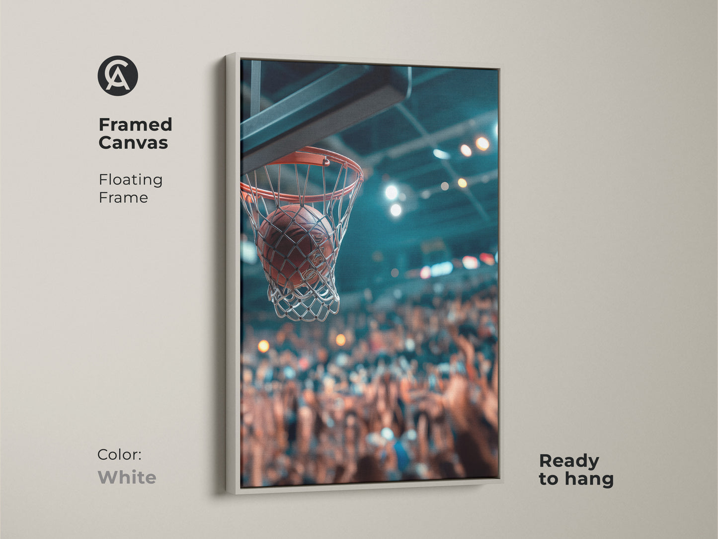 Framed canvas art of a basketball going through the net. The white floating frame offers a clean modern look. Ready to hang and adds a sporty element to your space. Ideal for basketball enthusiasts.