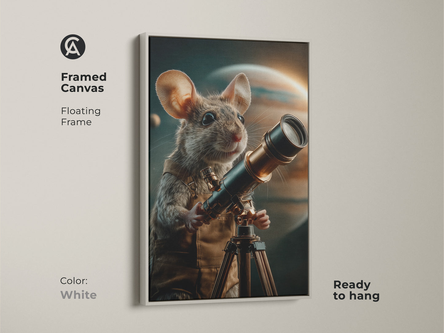 White framed canvas print featuring a celestial mouse looking through a telescope. The floating frame surrounds the space exploration art. Earthy brown gold tones complement the study room decor. A unique gift for lovers of whimsical animal artwork.