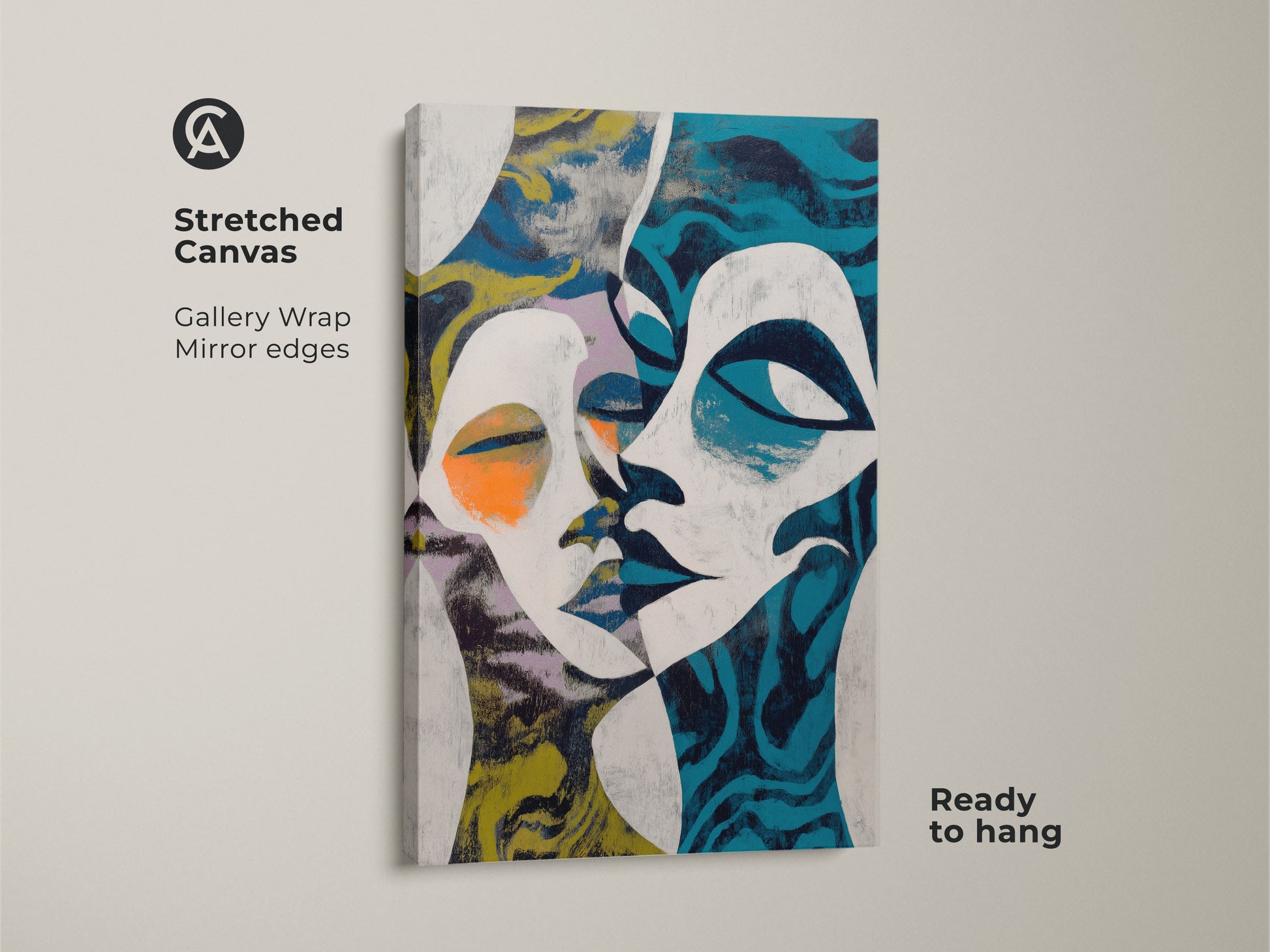 Close-up of a Blue White Teal Abstract Face Canvas Print. The artwork showcases modern abstract expressionism. Ideal for eclectic bedroom decor. This figurative art print is a perfect art lover present.