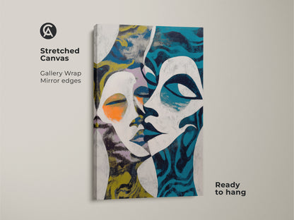Close-up of a Blue White Teal Abstract Face Canvas Print. The artwork showcases modern abstract expressionism. Ideal for eclectic bedroom decor. This figurative art print is a perfect art lover present.