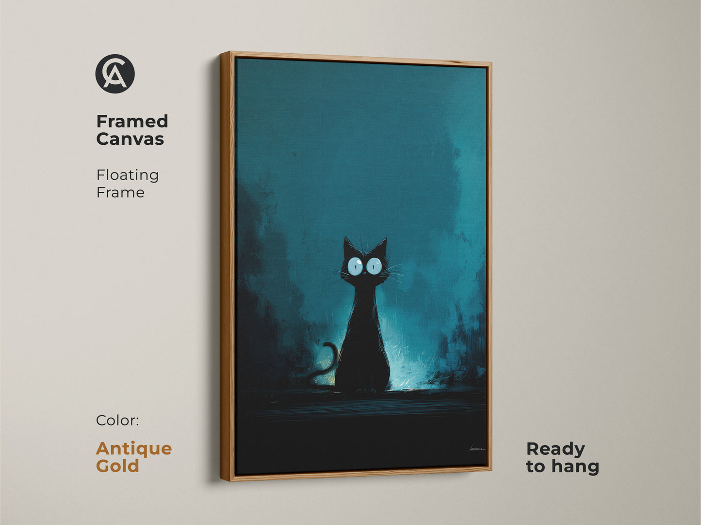 A framed canvas with an antique gold floating frame showcasing black cat artwork. The big eyes cat artwork features a dark fantasy style with a deep teal background. Ready to hang this is a unique gift for black cat owners. Gothic cat canvas.