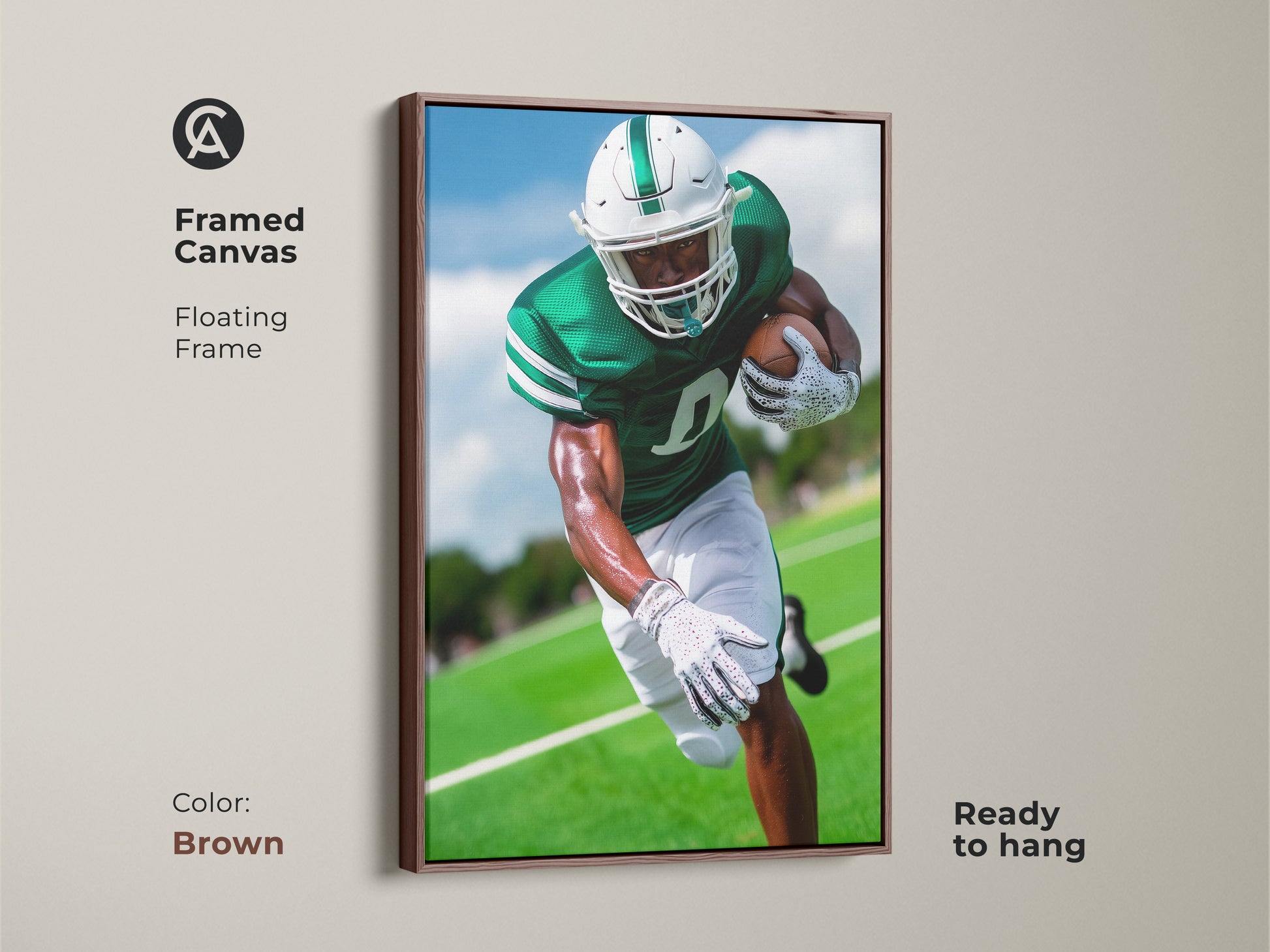 Framed canvas showcasing dynamic football action art with an emerald green jersey. The brown floating frame complements this sports print. Ready to hang this artwork adds energy to any space. It is a great gift for sports lovers.