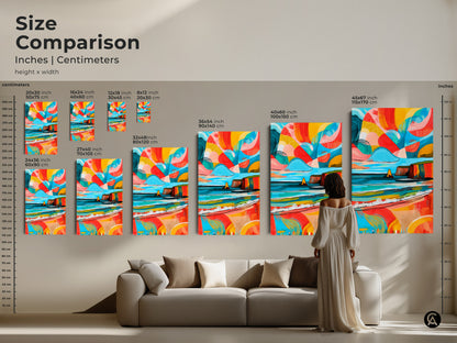 Size comparison showcases various sizes for abstract coastal art. From small 8x12 to large 45x67 canvas. Find the ideal piece for your home. Or pick the perfect gift for ocean lovers who appreciate modern eclectic art.